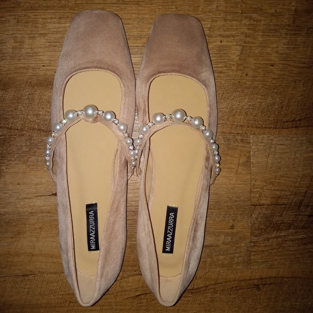 Nude Pearl & Rhinestone Strap Ballet Flats  Brand New